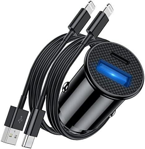 מטען לרכב מהיר של iPhone עם כבל, [Apple MFI Certified] יציאה כפולה USB A ו- USB C תקע מתאם טעינה לרכב וחוט ברק 2Pack